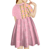 Hawaii Shell Tiare Anthurium Heliconia Lei Kid Short Sleeve Dress With Tapa Pattern Baby Pink LT05 - Polynesian Pride