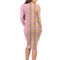 Hawaii Shell Tiare Anthurium Heliconia Lei Long Sleeve Bodycon Dress With Tapa Pattern Baby Pink LT05 - Polynesian Pride