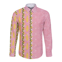 Hawaii Shell Tiare Anthurium Heliconia Lei Long Sleeve Button Shirt With Tapa Pattern Baby Pink