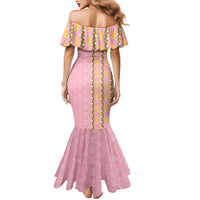 Hawaii Shell Tiare Anthurium Heliconia Lei Mermaid Dress With Tapa Pattern Baby Pink LT05 - Polynesian Pride