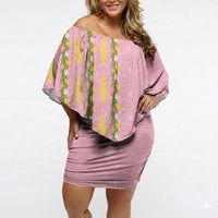 Hawaii Shell Tiare Anthurium Heliconia Lei Off Shoulder Short Dress With Tapa Pattern Baby Pink LT05 Women Pink - Polynesian Pride