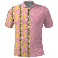 Hawaii Shell Tiare Anthurium Heliconia Lei Polo Shirt With Tapa Pattern Baby Pink LT05 Pink - Polynesian Pride