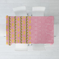 Hawaii Shell Tiare Anthurium Heliconia Lei Tablecloth With Tapa Pattern Baby Pink