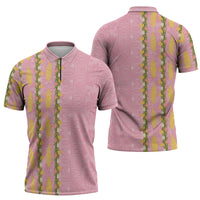 Hawaii Shell Tiare Anthurium Heliconia Lei Zipper Polo Shirt With Tapa Pattern Baby Pink LT05 - Polynesian Pride