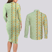 Hawaii Shell Tiare Anthurium Heliconia Lei Couples Matching Long Sleeve Bodycon Dress and Long Sleeve Button Shirt With Tapa Pattern Baby Green LT05 - Polynesian Pride