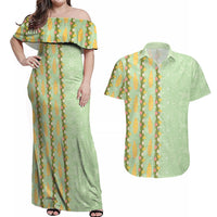 Hawaii Shell Tiare Anthurium Heliconia Lei Couples Matching Off Shoulder Maxi Dress and Hawaiian Shirt With Tapa Pattern Baby Green LT05 Green - Polynesian Pride