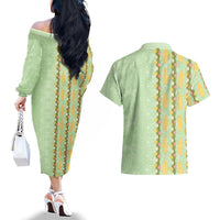 Hawaii Shell Tiare Anthurium Heliconia Lei Couples Matching Off The Shoulder Long Sleeve Dress and Hawaiian Shirt With Tapa Pattern Baby Green