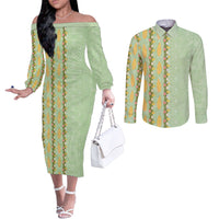 Hawaii Shell Tiare Anthurium Heliconia Lei Couples Matching Off The Shoulder Long Sleeve Dress and Long Sleeve Button Shirt With Tapa Pattern Baby Green LT05 Green - Polynesian Pride