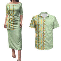 Hawaii Shell Tiare Anthurium Heliconia Lei Couples Matching Puletasi and Hawaiian Shirt With Tapa Pattern Baby Green LT05 Green - Polynesian Pride