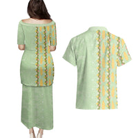 Hawaii Shell Tiare Anthurium Heliconia Lei Couples Matching Puletasi and Hawaiian Shirt With Tapa Pattern Baby Green