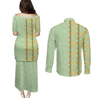 Hawaii Shell Tiare Anthurium Heliconia Lei Couples Matching Puletasi and Long Sleeve Button Shirt With Tapa Pattern Baby Green