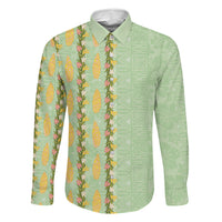 Hawaii Shell Tiare Anthurium Heliconia Lei Family Matching Long Sleeve Bodycon Dress and Hawaiian Shirt With Tapa Pattern Baby Green