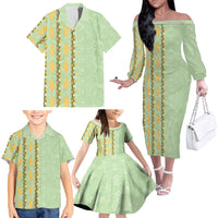 Hawaii Shell Tiare Anthurium Heliconia Lei Family Matching Off The Shoulder Long Sleeve Dress and Hawaiian Shirt With Tapa Pattern Baby Green