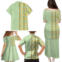 Hawaii Shell Tiare Anthurium Heliconia Lei Family Matching Puletasi and Hawaiian Shirt With Tapa Pattern Baby Green LT05 Mom's Dress Green - Polynesian Pride