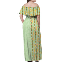 Hawaii Shell Tiare Anthurium Heliconia Lei Off Shoulder Maxi Dress With Tapa Pattern Baby Green LT05 - Polynesian Pride