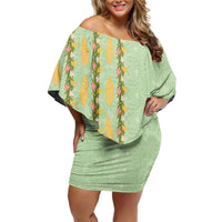 Hawaii Shell Tiare Anthurium Heliconia Lei Off Shoulder Short Dress With Tapa Pattern Baby Green LT05 Women Green - Polynesian Pride