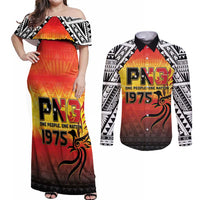 Papua New Guinea 49th Independence Day Couples Matching Off Shoulder Maxi Dress and Long Sleeve Button Shirt One People One Nation One PNG
