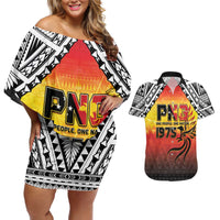 Papua New Guinea 49th Independence Day Couples Matching Off Shoulder Short Dress and Hawaiian Shirt One People One Nation One PNG