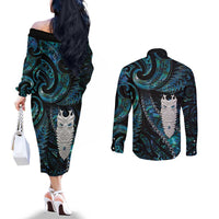 New Zealand Aotearoa Couples Matching Off The Shoulder Long Sleeve Dress and Long Sleeve Button Shirt Maori Tane Te Waiora Paua Shell Glitter Turquoise LT05 - Polynesian Pride