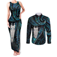 New Zealand Aotearoa Couples Matching Tank Maxi Dress and Long Sleeve Button Shirt Maori Tane Te Waiora Paua Shell Glitter Turquoise LT05 Turquoise - Polynesian Pride