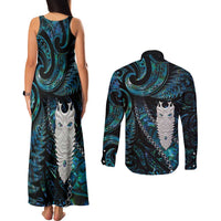 New Zealand Aotearoa Couples Matching Tank Maxi Dress and Long Sleeve Button Shirt Maori Tane Te Waiora Paua Shell Glitter Turquoise LT05 - Polynesian Pride
