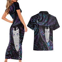 New Zealand Aotearoa Couples Matching Short Sleeve Bodycon Dress and Hawaiian Shirt Maori Tane Te Waiora Paua Shell Glitter Purple