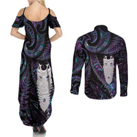 New Zealand Aotearoa Couples Matching Summer Maxi Dress and Long Sleeve Button Shirt Maori Tane Te Waiora Paua Shell Glitter Purple LT05 - Polynesian Pride