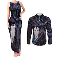 New Zealand Aotearoa Couples Matching Tank Maxi Dress and Long Sleeve Button Shirt Maori Tane Te Waiora Paua Shell Glitter Purple LT05 Purple - Polynesian Pride