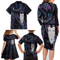 New Zealand Aotearoa Family Matching Long Sleeve Bodycon Dress and Hawaiian Shirt Maori Tane Te Waiora Paua Shell Glitter Purple LT05 - Polynesian Pride