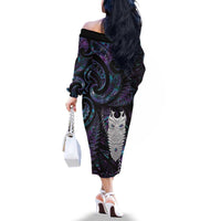 New Zealand Aotearoa Family Matching Off The Shoulder Long Sleeve Dress and Hawaiian Shirt Maori Tane Te Waiora Paua Shell Glitter Purple