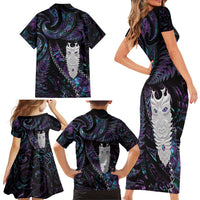 New Zealand Aotearoa Family Matching Short Sleeve Bodycon Dress and Hawaiian Shirt Maori Tane Te Waiora Paua Shell Glitter Purple LT05 - Polynesian Pride