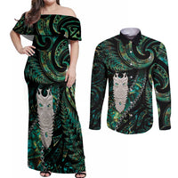 New Zealand Aotearoa Couples Matching Off Shoulder Maxi Dress and Long Sleeve Button Shirt Maori Tane Te Waiora Paua Shell Glitter Green LT05 Green - Polynesian Pride