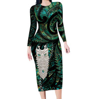 New Zealand Aotearoa Family Matching Long Sleeve Bodycon Dress and Hawaiian Shirt Maori Tane Te Waiora Paua Shell Glitter Green LT05 Mom's Dress Green - Polynesian Pride