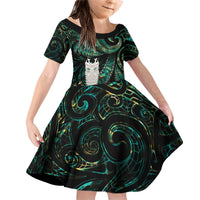 New Zealand Aotearoa Family Matching Off Shoulder Short Dress and Hawaiian Shirt Maori Tane Te Waiora Paua Shell Glitter Green