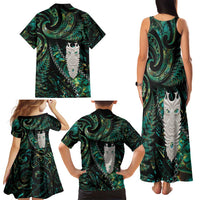 New Zealand Aotearoa Family Matching Tank Maxi Dress and Hawaiian Shirt Maori Tane Te Waiora Paua Shell Glitter Green