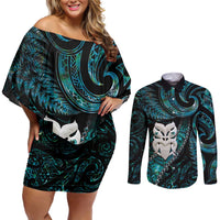 New Zealand Aotearoa Couples Matching Off Shoulder Short Dress and Long Sleeve Button Shirt Maori Wheku Paua Shell Glitter Turquoise LT05 Turquoise - Polynesian Pride