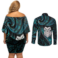 New Zealand Aotearoa Couples Matching Off Shoulder Short Dress and Long Sleeve Button Shirt Maori Wheku Paua Shell Glitter Turquoise LT05 - Polynesian Pride