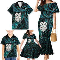 New Zealand Aotearoa Family Matching Mermaid Dress and Hawaiian Shirt Maori Wheku Paua Shell Glitter Turquoise LT05 - Polynesian Pride