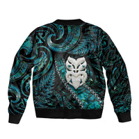 New Zealand Aotearoa Sleeve Zip Bomber Jacket Maori Wheku Paua Shell Glitter Turquoise