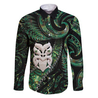 New Zealand Aotearoa Family Matching Long Sleeve Bodycon Dress and Hawaiian Shirt Maori Wheku Paua Shell Glitter Green LT05 Dad's Shirt - Long Sleeve Green - Polynesian Pride
