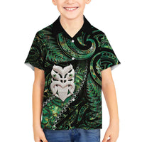 New Zealand Aotearoa Family Matching Long Sleeve Bodycon Dress and Hawaiian Shirt Maori Wheku Paua Shell Glitter Green LT05 Son's Shirt Green - Polynesian Pride