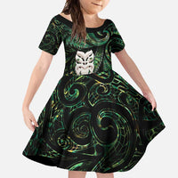 New Zealand Aotearoa Family Matching Mermaid Dress and Hawaiian Shirt Maori Wheku Paua Shell Glitter Green LT05 Daughter's Dress Green - Polynesian Pride