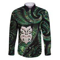 New Zealand Aotearoa Family Matching Puletasi and Hawaiian Shirt Maori Wheku Paua Shell Glitter Green LT05 Dad's Shirt - Long Sleeve Green - Polynesian Pride
