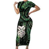 New Zealand Aotearoa Family Matching Short Sleeve Bodycon Dress and Hawaiian Shirt Maori Wheku Paua Shell Glitter Green LT05 Mom's Dress Green - Polynesian Pride