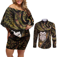 New Zealand Aotearoa Couples Matching Off Shoulder Short Dress and Long Sleeve Button Shirt Maori Wheku Paua Shell Glitter Gold LT05 Gold - Polynesian Pride