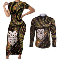 New Zealand Aotearoa Couples Matching Short Sleeve Bodycon Dress and Long Sleeve Button Shirt Maori Wheku Paua Shell Glitter Gold LT05 Gold - Polynesian Pride