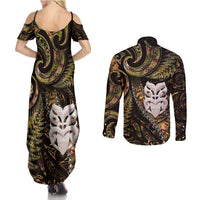 New Zealand Aotearoa Couples Matching Summer Maxi Dress and Long Sleeve Button Shirt Maori Wheku Paua Shell Glitter Gold LT05 - Polynesian Pride