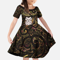 New Zealand Aotearoa Family Matching Mermaid Dress and Hawaiian Shirt Maori Wheku Paua Shell Glitter Gold LT05 Daughter's Dress Gold - Polynesian Pride