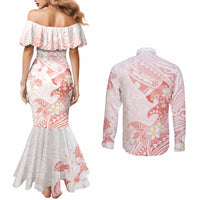 Polynesia Hammerhead Shark Couples Matching Mermaid Dress and Long Sleeve Button Shirt Tropical Flowers Tribal Pattern Peach