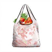 Polynesia Hammerhead Shark Grocery Bag Tropical Flowers Tribal Pattern Peach
